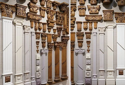 Decorative wooden columns and capitals in classical style.