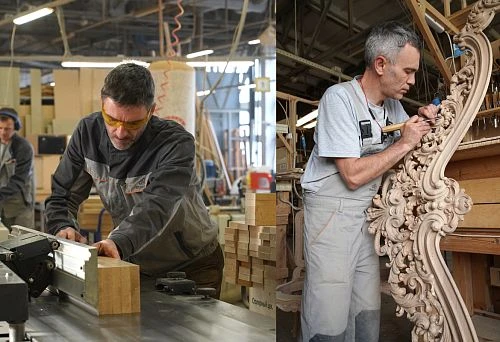 A woodcarver manually carves intricate ornaments on furniture details.