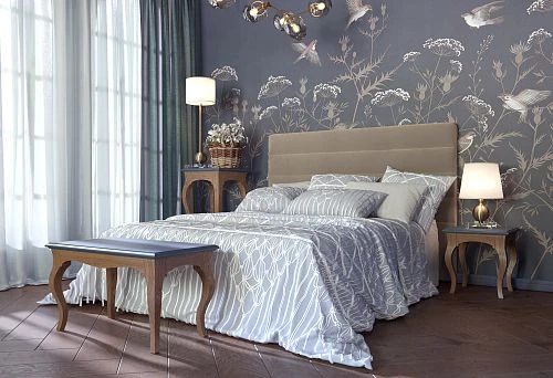 Elegant solid wood stool by the bed in the bedroom interior