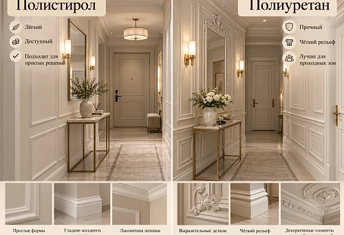 Polystyrene or polyurethane for the hallway and corridor: which moldings and stucco are better to choose