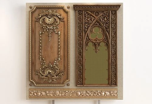 Classic Furniture Panel with Carving, Patina Effect, and Gold Elements