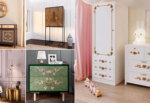 Collage of Five Interior Scenes with Unique Furniture: Chest with Gold Wreaths