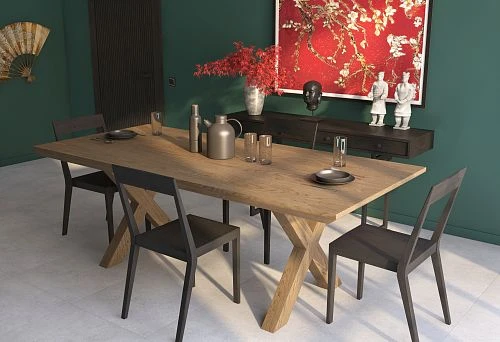Rectangular dining table with carved wooden legs made of solid wood