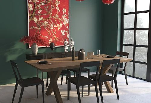 Solid Wood Dining Table with Black Chairs in Modern Interior