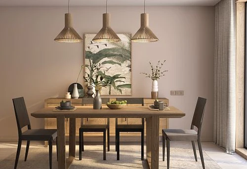 Extendable dining table made of solid wood in a modern interior with soft lighting,