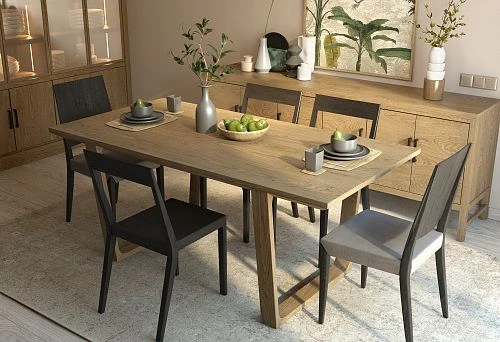 Modern dining area with solid wood chairs in natural and black colors