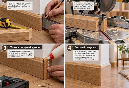 How to finish a wooden skirting board beautifully without end caps: finishing the ends, 45&deg; mitre cuts and installation