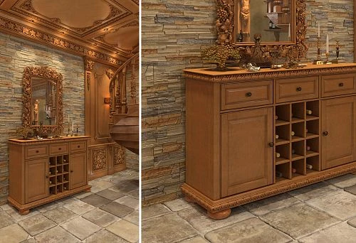 Luxurious Wooden Chest with Carved Elements and Built-in Wine Cabinet.