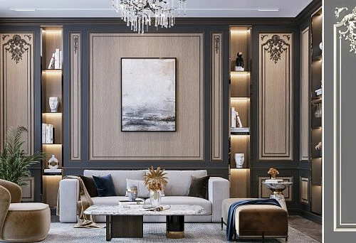 Modern interior with wooden wall panels and decorative elements.