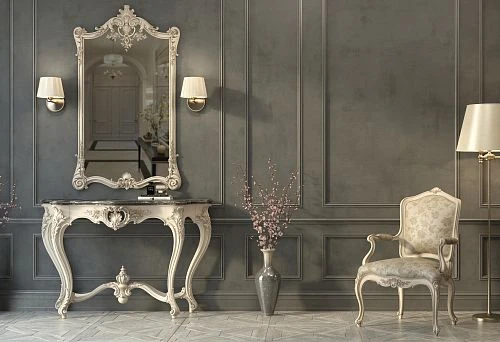 Elegant carved chair with luxurious fabric upholstery in Baroque style.