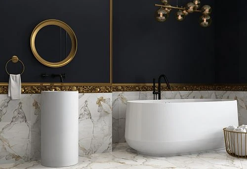 Bathroom Interior with Wall Wooden Frame and Carved Molding