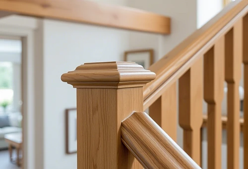 Classic wooden baluster and handrail on a staircase in a light interior. Nizhny Novgorod
