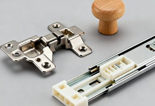 Metal furniture hinge, slide and wooden handle for cabinet furniture
