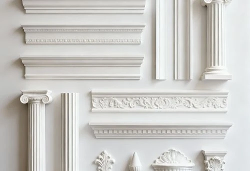 Facade Decoration Catalog: Columns, Cornices, Moldings, and Decorative Elements on a White Background