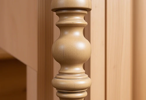 Close-up of a wooden baluster mounted to a wooden floor