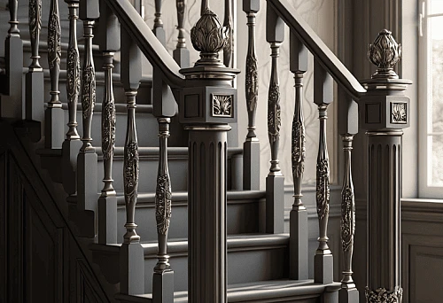 Staircase with luxurious carved balusters and solid side tables, made of wood,