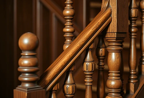 Classic attachment of wooden handrail to decorative balusters of stairs with detailed work on connections and elements.