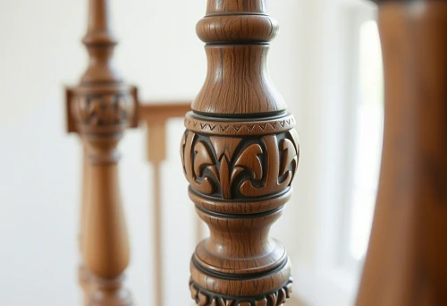 Close-up of a round carved wooden baluster with decorative ornament for staircase railing.