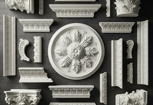 Set of Decorative Molding Elements &mdash; Rosettes, Moldings, Cornices, Brackets, and Capitals with Classic Relief