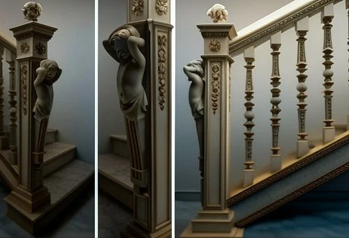 Staircase with decorative balusters and support column adorned with a classical figure