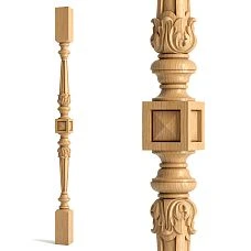 Wooden stair baluster L-025 with fluting and carved decoration on a white background