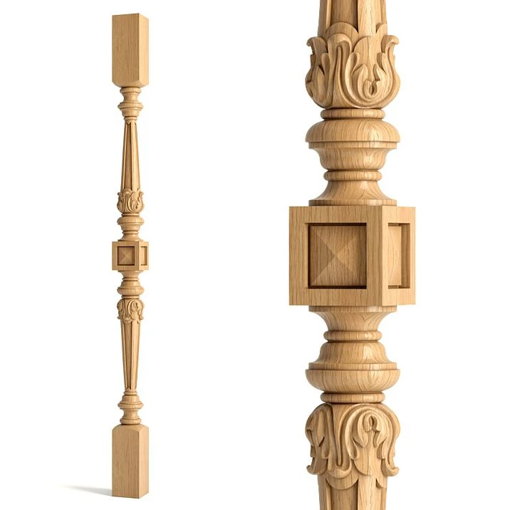 Wooden stair baluster L-025 with fluting and carved decoration on a white background