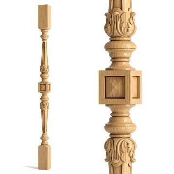 Wooden stair baluster L-025 with fluting and carved decoration on a white background