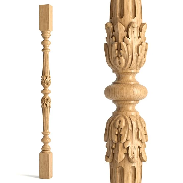Wooden baluster L-027 with carving on a white background