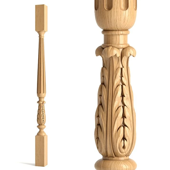 Wooden baluster L-037 with grooves and carved acanthus leaf decoration