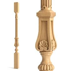 Carved wooden baluster for staircase L-040 against an unpainted background