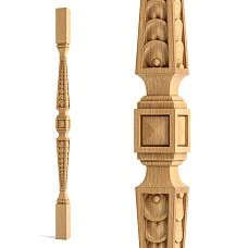 Carved newel post for staircase L-042 made of wood against the wall