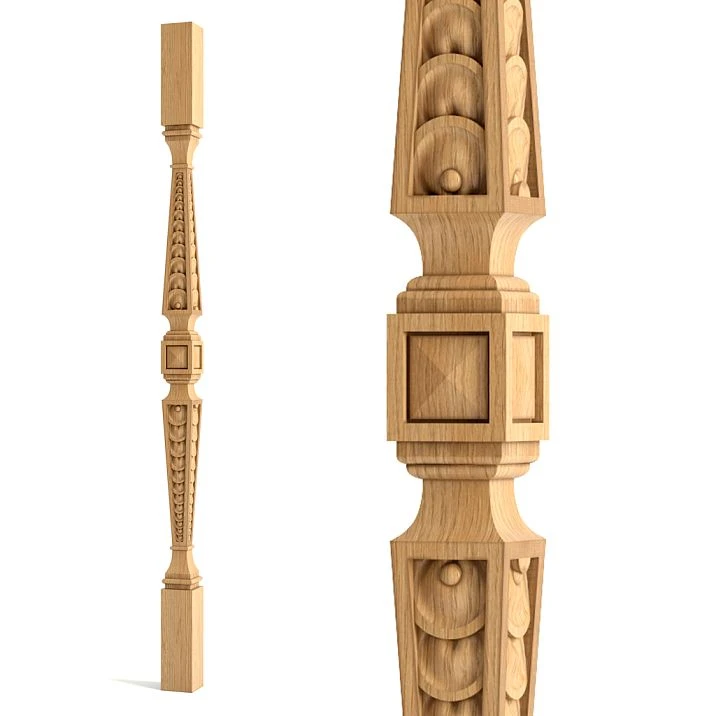 Carved newel post for staircase L-042 made of wood against the wall