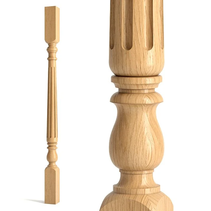 Wooden baluster with carved pattern for staircase railing, fragment