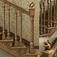 Wooden baluster for the L-050 staircase with twisted lines against a wooden staircase background