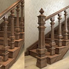 Carved staircase detail L-079 &mdash; interior with staircase and balusters