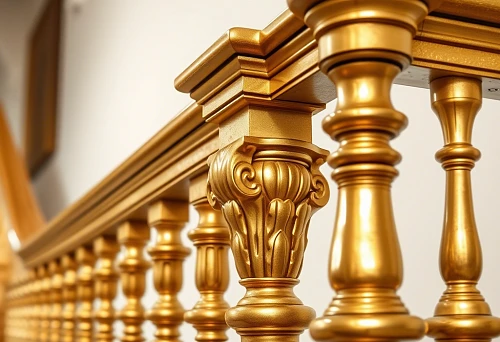 Golden carved balusters and posts for staircase railing, luxurious decorative element for interior