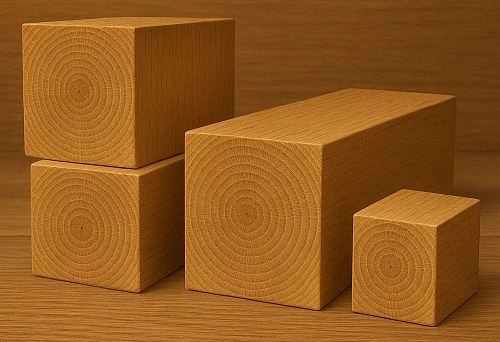 Oak beams of various cross-sections with clearly visible annual rings, demonstrating ideal processing quality