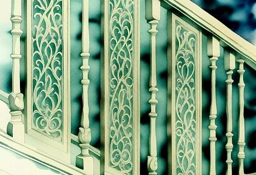 Stair railing with decorative carved inserts and ornamental support posts