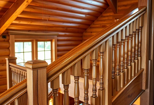 Exclusive wooden balusters on a staircase in a log house