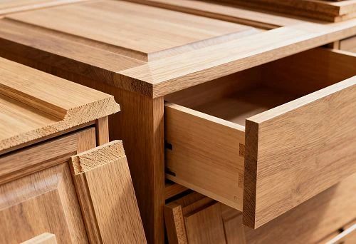 Fragments of solid wood furniture modules in the workshop