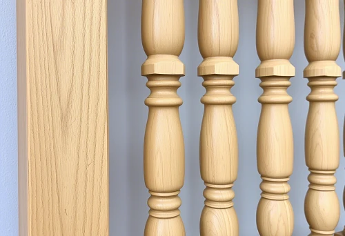 Precision-cut balusters from natural spruce for staircase railing, close-up, professionals' choice