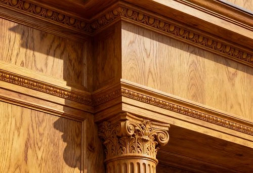 Wood-look facade decor with carved column and cornice