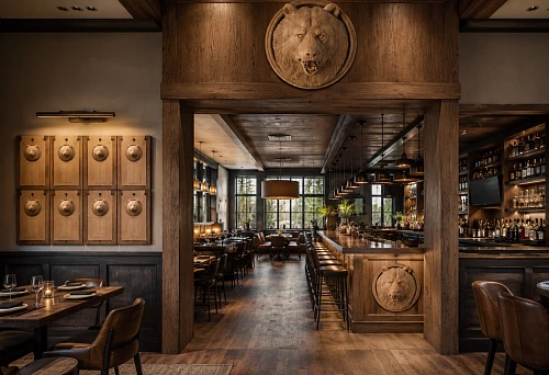 Carved mascaron M-017 for a restaurant &mdash; one decorative motif in three scales for menu panels, the bar, and the entrance portal