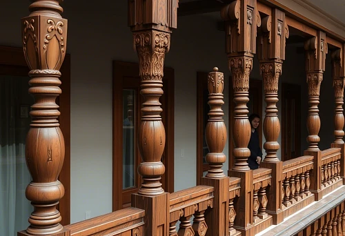 Wooden posts and balusters &mdash; carved elements of staircase structures, elegant balcony decoration with ornament