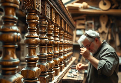 Handcrafted carving process for decorative balusters, intricate artistic geometry