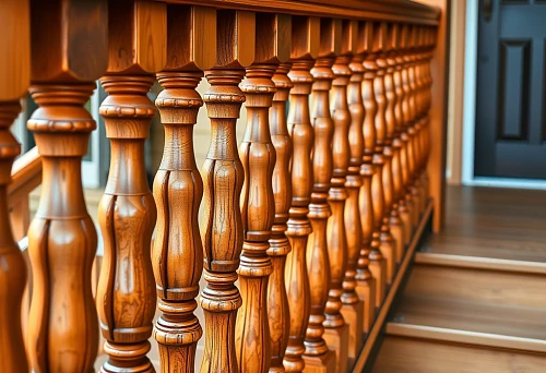 Close-up of wooden balusters securely fastened to the staircase