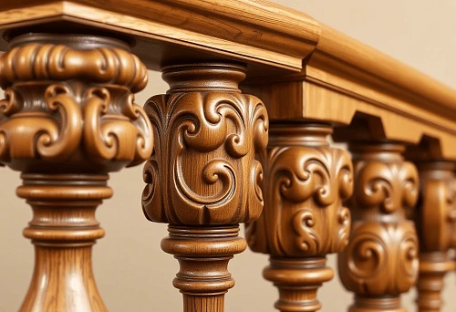 Balusters with carved patterns and decorative finish, close-up