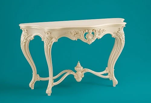 Luxurious wooden table pedestal with exquisite carving, light finish, and curved legs on a bright monochrome background