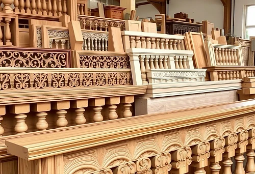 Carved wooden balconies and balustrades of various forms and styles in the workshop of architectural masterpieces