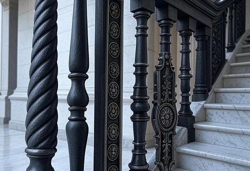 Installation of decorative metal balusters on marble stairs on the second floor in a classic interior